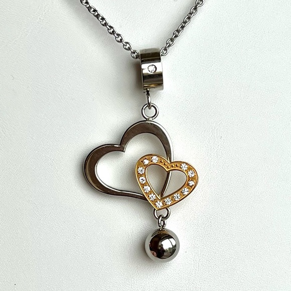 ⭐️ Chisel Stainless Steel, Gold Tone and CZ Double Heart Necklace - 22 Inch - Picture 1 of 9